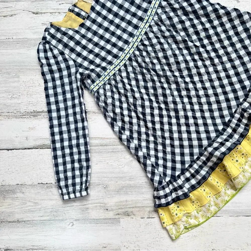 Matilda Jane Dress Girls 8 Navy Gingham Floral Long Sleeve Ruffle Cottagecore